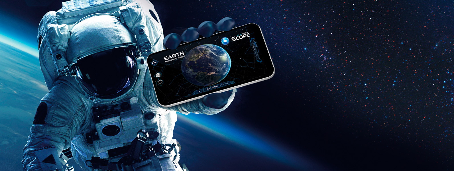 Astronaut na oběžné dráze kolem Země s mobilem v ruce